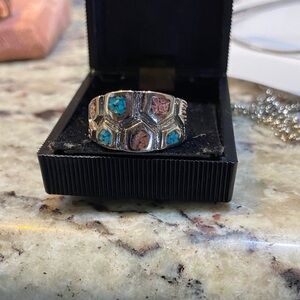 Silver Ring with Turquoise and Coral Accents